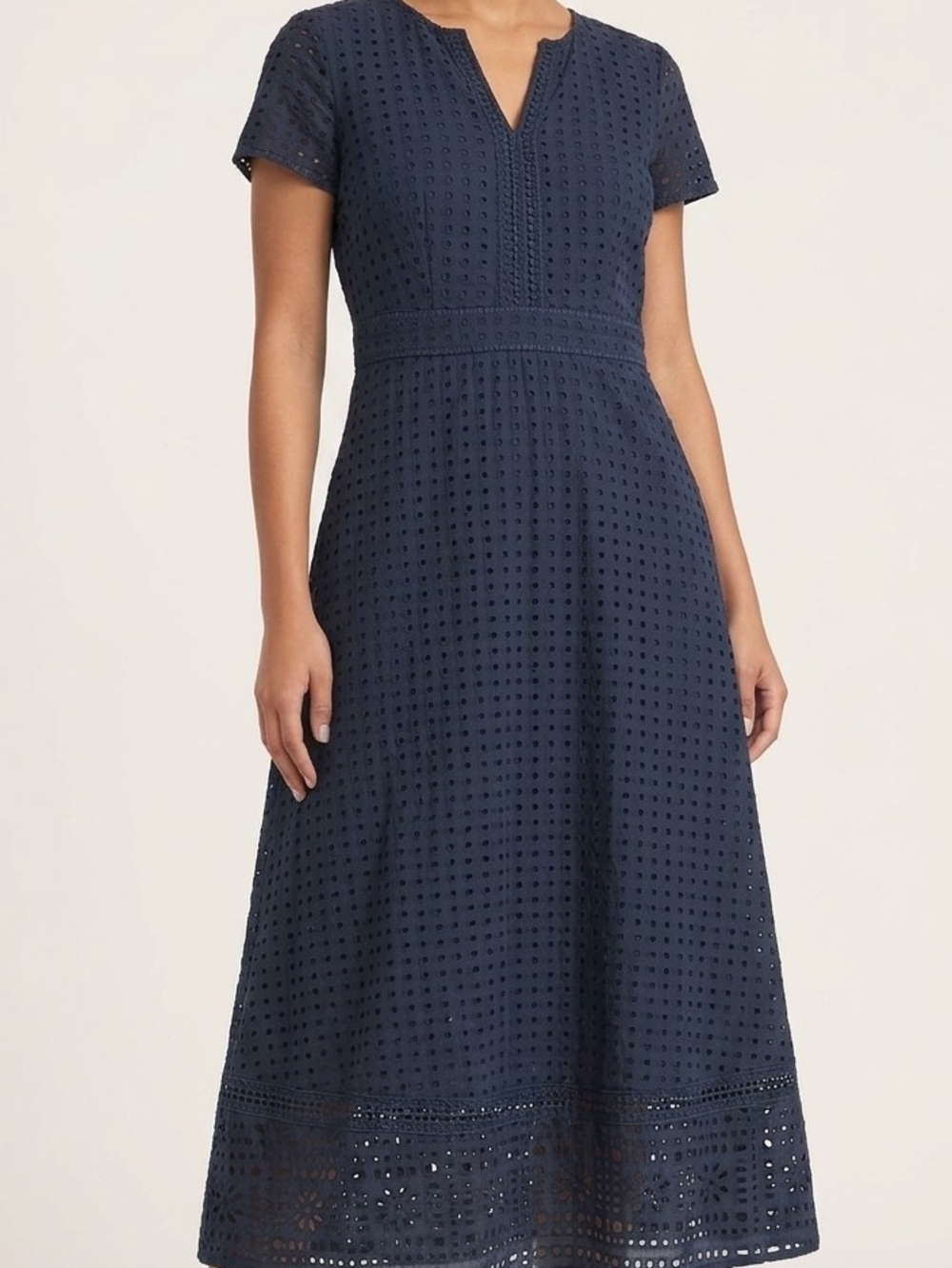 Ann Taylor Navy Eyelet Fit And Flare Midi Dress